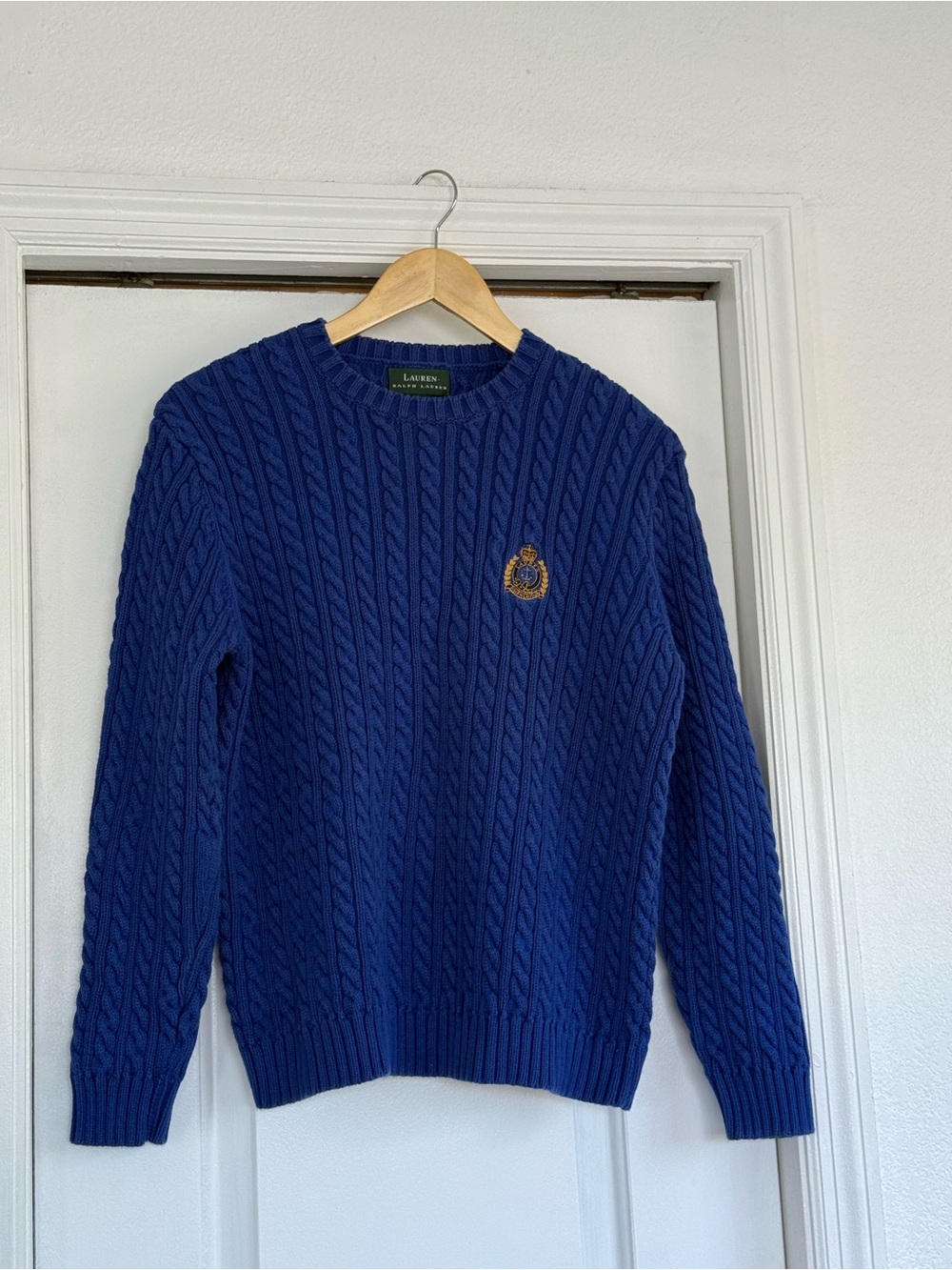 Ralph Lauren Royal Blue Cable-Knit Crewneck Sweater with Crest